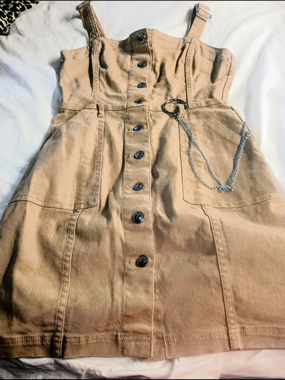 Tan Utility Pinafore with Chain Accent